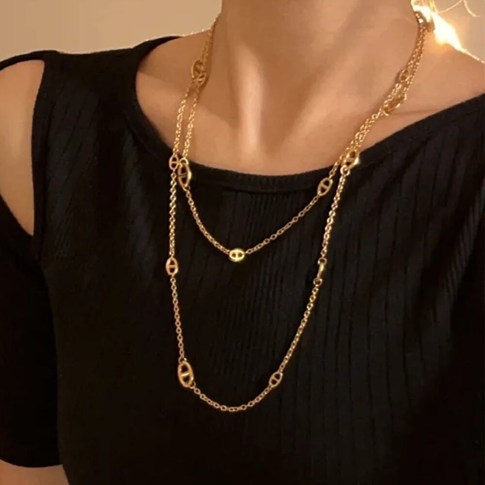 Gold Pig Nose Multilayer Necklace Bracelet Set Stainless Steel Gold Plated - Picture 6 of 12